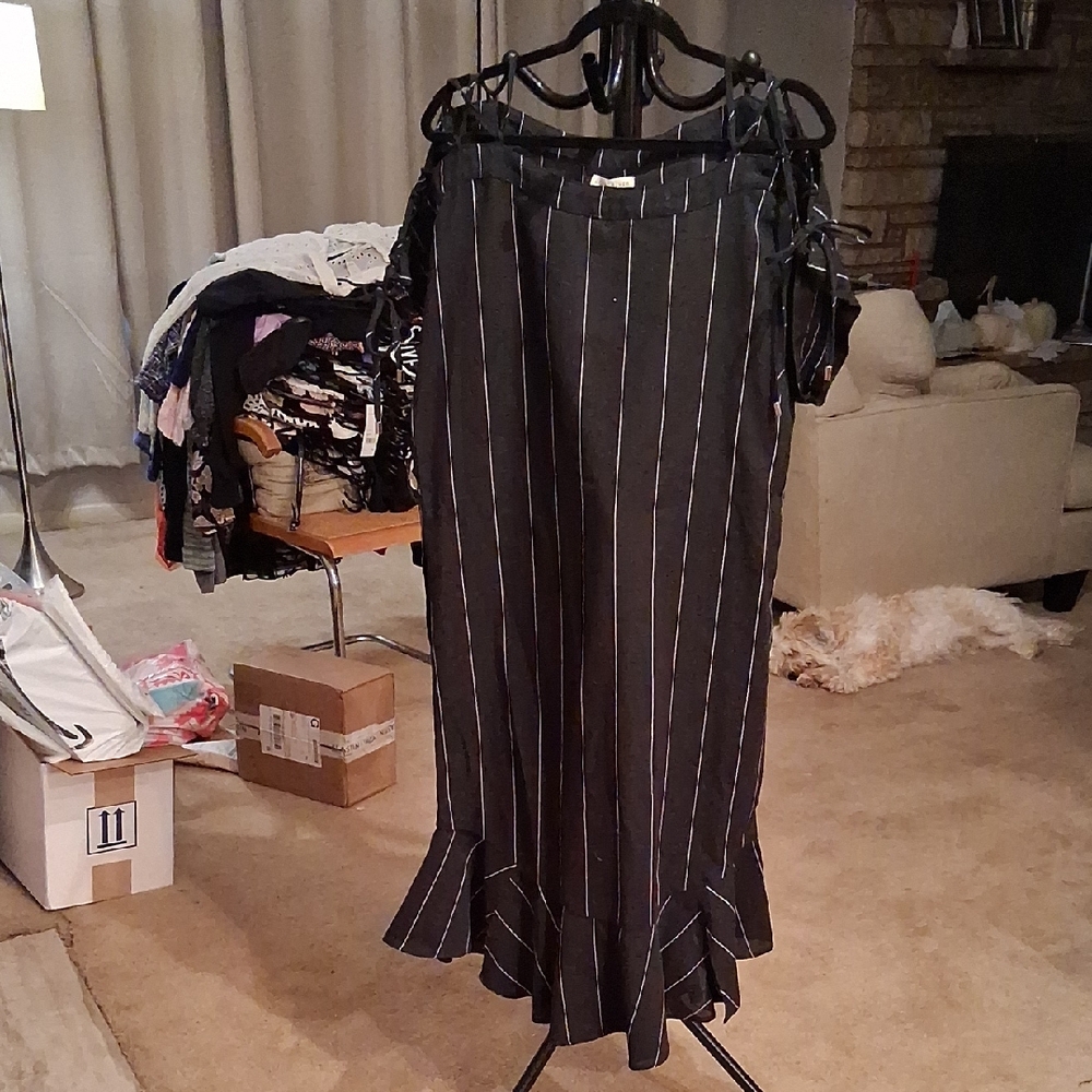 Moon River Black Midi Dress with White Pinstripes